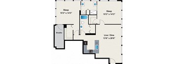 A floor plan of a house with two bedrooms, a bathroom, a living room, and a kitchen.