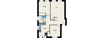A floor plan of a house with labeled rooms including a sleeping area, a live area, a kitchen, and a bathroom.