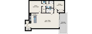 A floor plan of a house with a sleeping area, a cooking area, a living/dining area, and a bathroom.