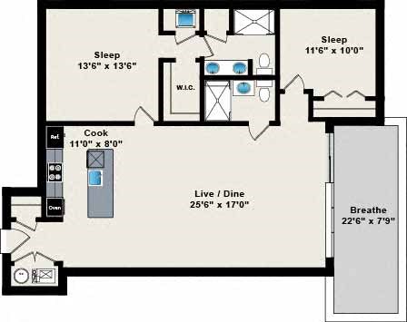 A floor plan of a house with a sleeping area, a cooking area, a living/dining area, and a bathroom.