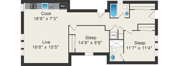 A floor plan shows a layout with a kitchen, two sleeping areas, a live area, and a bathroom.