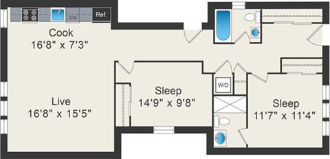 A floor plan shows a layout with a kitchen, two sleeping areas, a live area, and a bathroom.