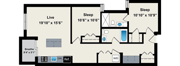 A floor plan of a house with a live room, two sleeping areas, a bathroom, and a kitchen.