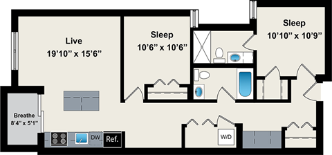 A floor plan of a house with a live room, two sleeping areas, a bathroom, and a kitchen.