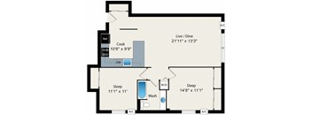 A floor plan of a house with a kitchen, two bathrooms, and two bedrooms.