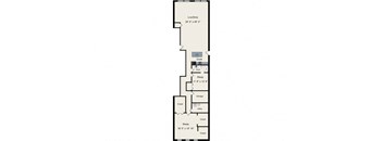 A floor plan of a small apartment with a living room, a kitchen, a sleeping area, a storage space, and a closet.
