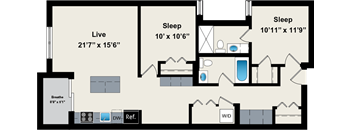 A floor plan of a house with a living room, two bedrooms, and a bathroom.