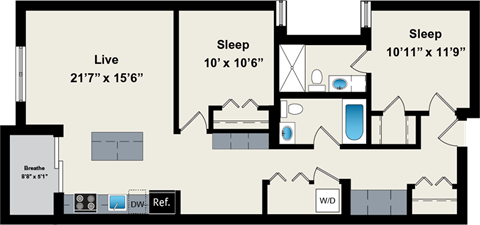 A floor plan of a house with a living room, two bedrooms, and a bathroom.