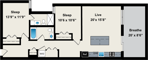 A floor plan of a house with three bedrooms, a living room, a bathroom, and a kitchen.