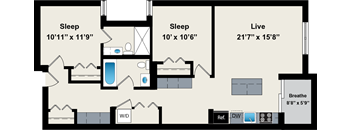 A floor plan of a house with three bedrooms, a living room, a bathroom, and a kitchen.