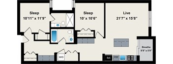 A floor plan of a house with two bedrooms, a living room, a bathroom, and a kitchen.