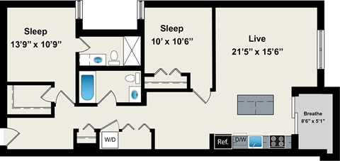 A floor plan of a house with two bedrooms, a living room, a bathroom, and a kitchen.