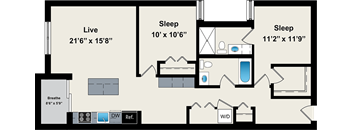 A floor plan of a two bedroom apartment with a living area, a sleeping area, and a bathroom.
