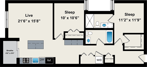 A floor plan of a two bedroom apartment with a living area, a sleeping area, and a bathroom.