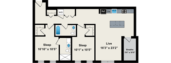 A floor plan of a house with two bedrooms, a living room, and a bathroom.