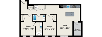 A floor plan of a house with two bedrooms, a living room, and a bathroom.