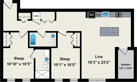 A floor plan of a house with two bedrooms, a living room, and a bathroom.