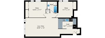 A floor plan of a home with two bedrooms, a living/dining area, a kitchen, a bathroom, and a reference area.