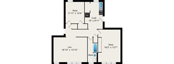 A floor plan of a house with three bedrooms, a kitchen, a living room, and a bathroom.