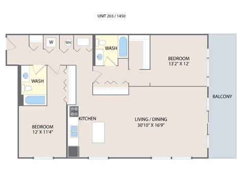 A floor plan of a unit with a bedroom, kitchen, living/dining area and two washrooms.