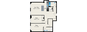 A floor plan of a living space with a live/dine area, two sleeping areas, and a kitchen.