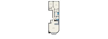 A floor plan of a house with a living room, two bedrooms, a bathroom, and a kitchen.