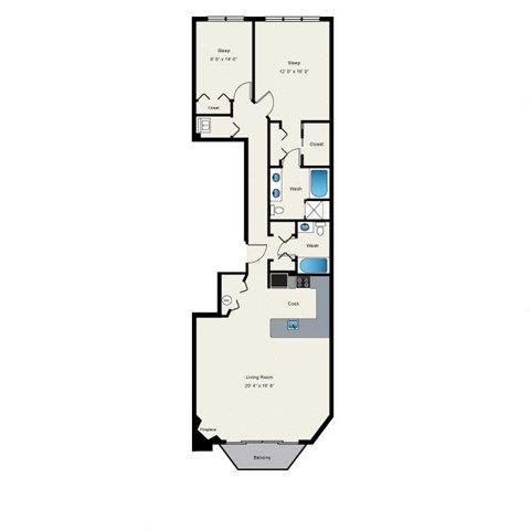 A floor plan of a house with a living room, two bedrooms, a bathroom, and a kitchen.
