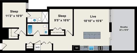 A floor plan of a house with three bedrooms, a living room, and a bathroom.