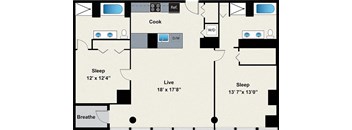 A floor plan of a house with a kitchen, two bedrooms, a living room, and a bathroom.