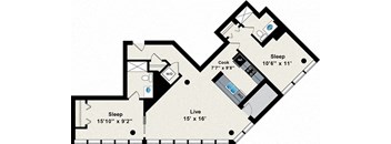 A floor plan of a house with two bedrooms, a living room, a kitchen, and a workspace.