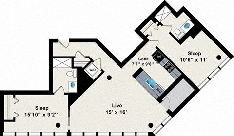 A floor plan of a house with two bedrooms, a living room, a kitchen, and a workspace.