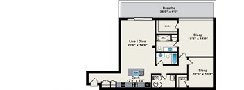 A floor plan of a house with a living area, two bedrooms, a kitchen, and a bathroom.
