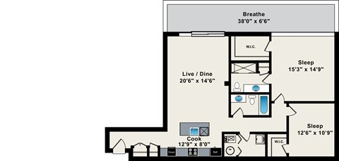 A floor plan of a house with a living area, two bedrooms, a kitchen, and a bathroom.