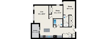 A floor plan of a house with a living room, two bedrooms, a bathroom, and a kitchen.