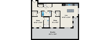 A floor plan of a house with a living room, two bedrooms, and a bathroom.