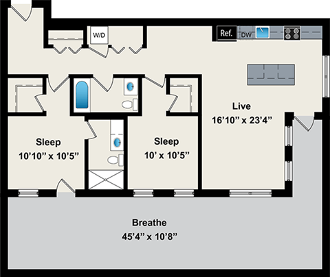 A floor plan of a house with a living room, two bedrooms, and a bathroom.