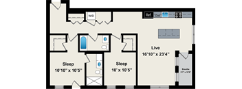 A floor plan of a house with a living room, two bedrooms, a bathroom, and a kitchen.