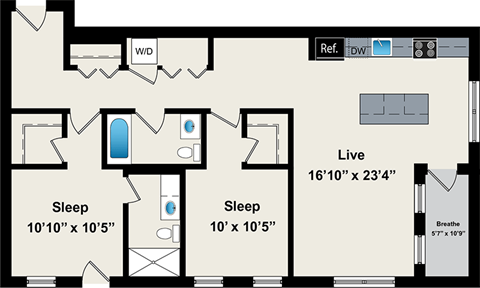 A floor plan of a house with a living room, two bedrooms, a bathroom, and a kitchen.