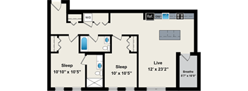 A floor plan of a house with two bedrooms, a living room, and a bathroom.