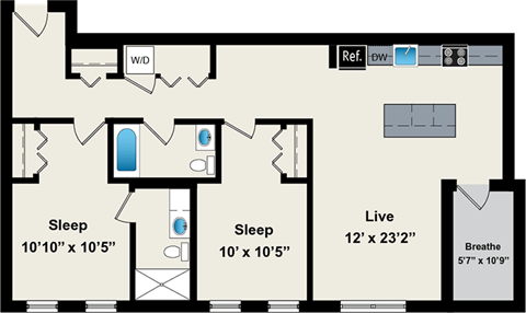 A floor plan of a house with two bedrooms, a living room, and a bathroom.