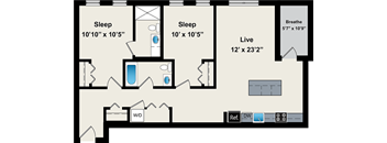A floor plan of a house with two bedrooms, a living room, and a bathroom.