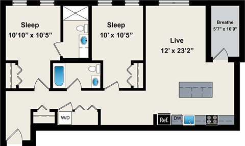 A floor plan of a house with two bedrooms, a living room, and a bathroom.