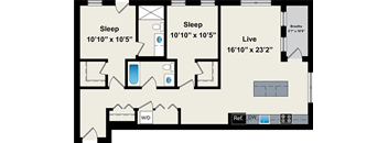 A floor plan of a house with two bedrooms, a living room, and a bathroom.