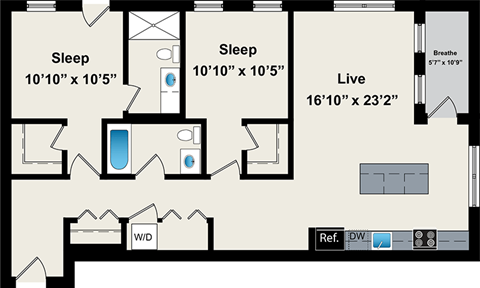 A floor plan of a house with two bedrooms, a living room, and a bathroom.