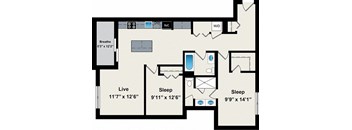 A floor plan of a house with a living room, two bedrooms, and a bathroom.