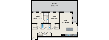 A floor plan of a house with two bedrooms, a living room, and a bathroom.