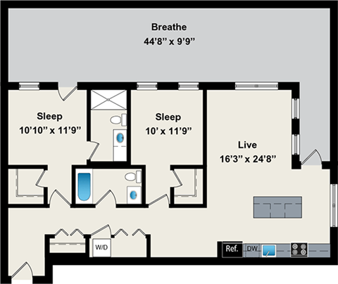 A floor plan of a house with two bedrooms, a living room, and a bathroom.