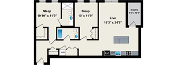 A floor plan of a house with two bedrooms, a living room, and a bathroom.