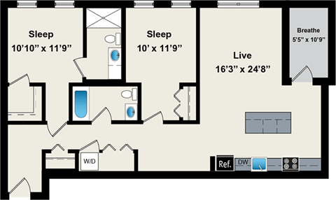 A floor plan of a house with two bedrooms, a living room, and a bathroom.