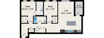 A floor plan of a house with two bedrooms, a living room, and a bathroom.